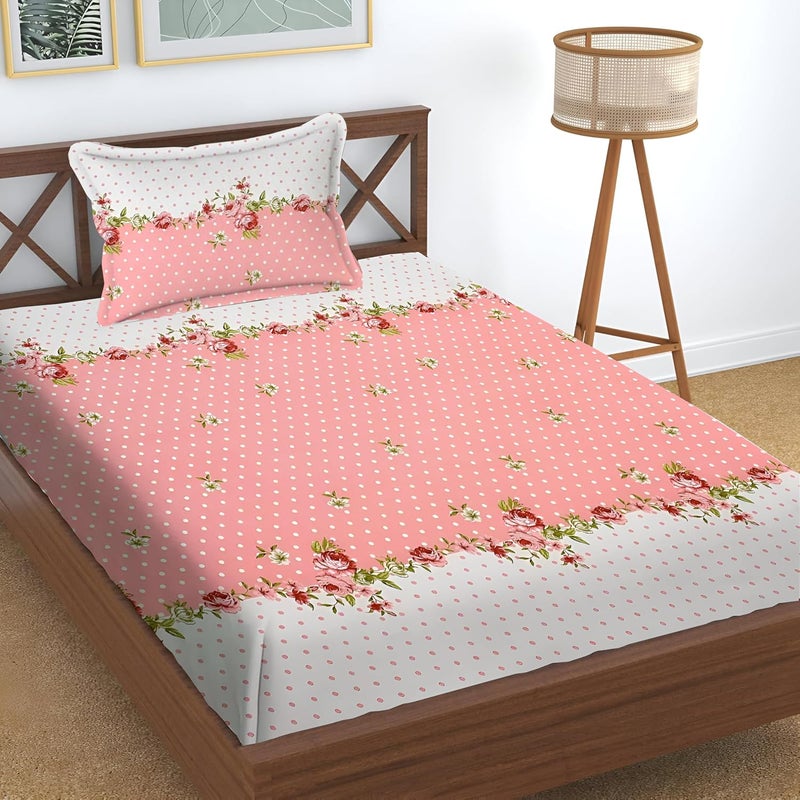 STARNSTYLE Premium 160 TC Egyptian Cotton Bedsheet Set for Single Bed with Pillow Cover - Pink White Floral - Image 1